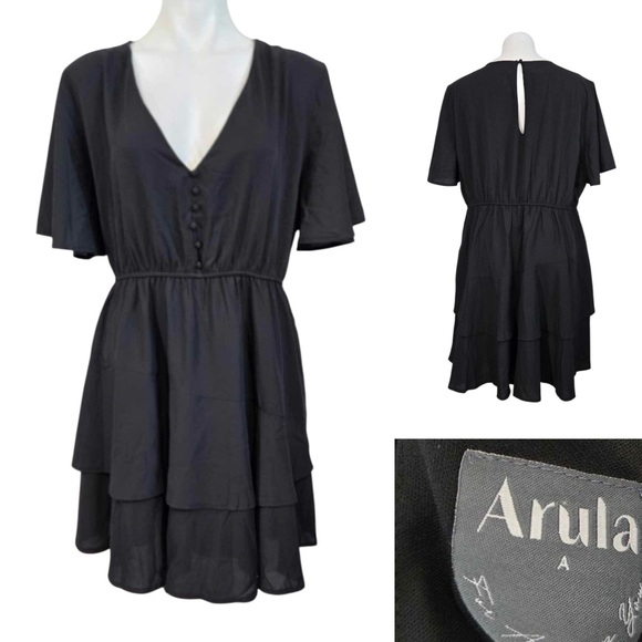 ARULA Dresses & Skirts - Arula dress Women’s black Tiered Lace flutter Sleeve Sz A/1X goth rockabilly